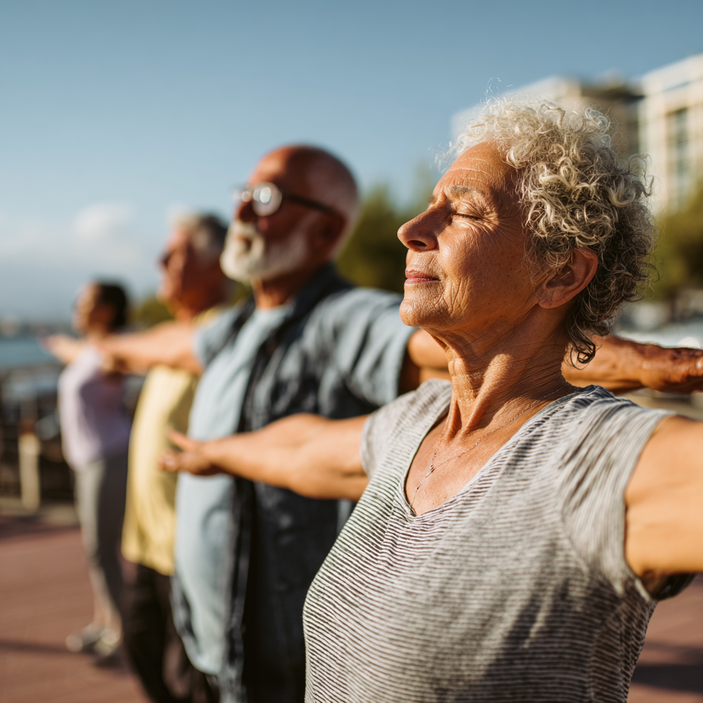 Middle-aged adults practicing gentle movement exercises outdoors