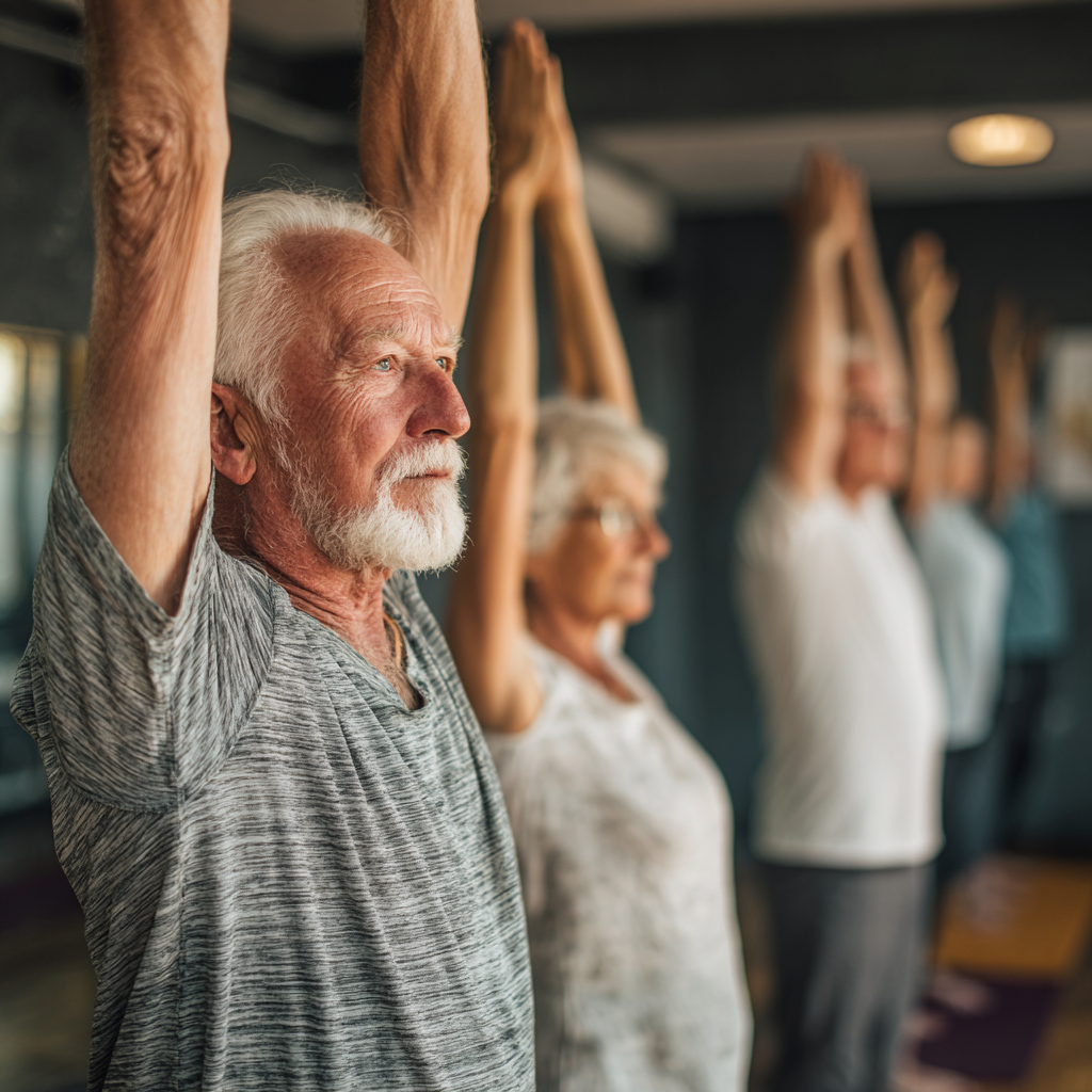 Older adults practicing mindful stretching exercises in a peaceful environment